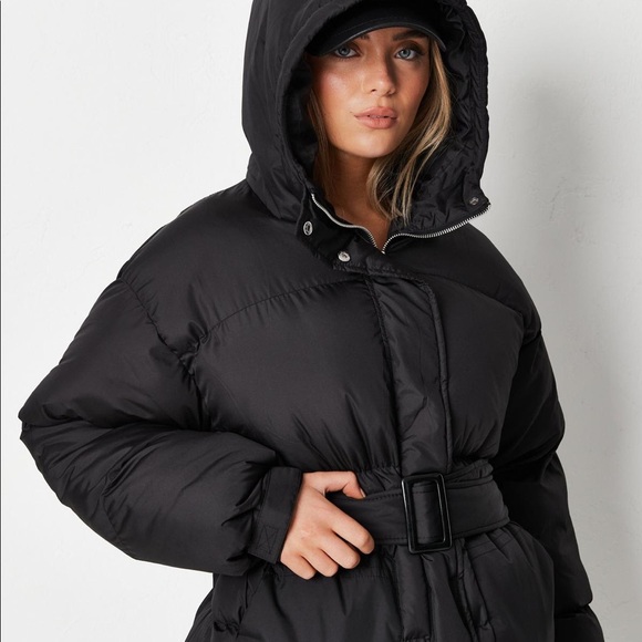 Black Puffer Coat with Belt and Front Pockets - Picture 2 of 5